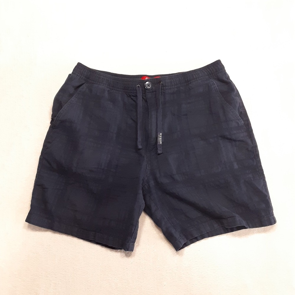 Guess Mens Drawstring Woven Plaid Casual Shorts Navy Elastic Waistband X5GD37